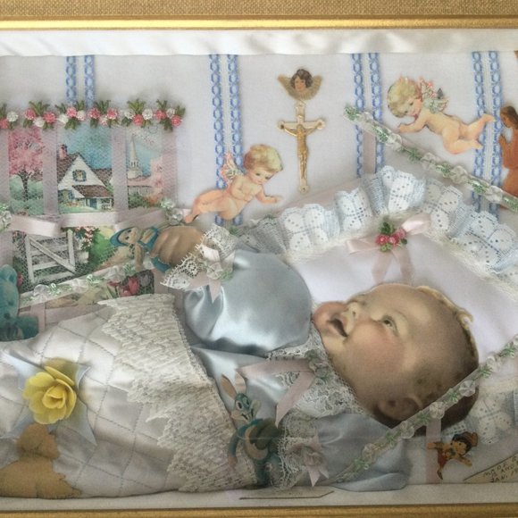 Framed wall art decor 3D mixed media paper fabric baby angel made by B. Angelina - Picture 2 of 5